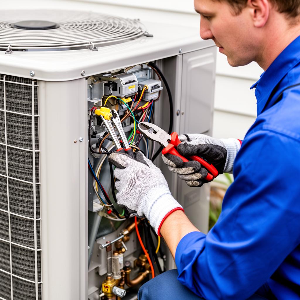 HVAC technician repairing a heat pump unit